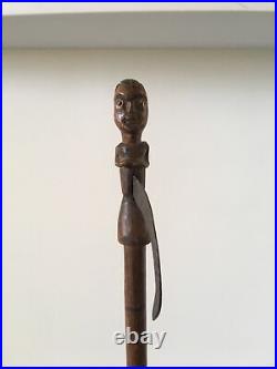 Rare Black Americana Folk Art Wood Head On Cane Stand Tall Art Statue
