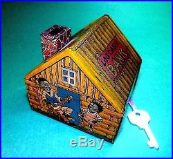 Rare Chein Log Cabin Still Coin Bank 1930s Black Americana Tin Litho with Key