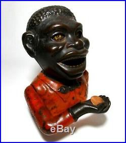 Rare Late 19th C 1882 Antique Black Americana Cast Iron Jolly N. Mechanical Bank