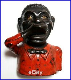 Rare Late 19th C 1882 Antique Black Americana Cast Iron Jolly N. Mechanical Bank