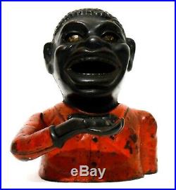 Rare Late 19th C 1882 Antique Black Americana Cast Iron Jolly N. Mechanical Bank