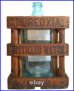 Rare Pureoxia Distilled Water 5 Gl Blue Bottle & Blk Ink Stamped Wood Slat Crate