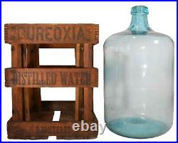 Rare Pureoxia Distilled Water 5 Gl Blue Bottle & Blk Ink Stamped Wood Slat Crate