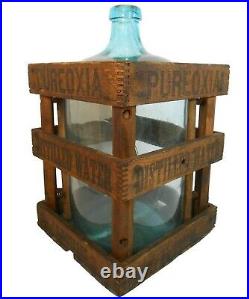 Rare Pureoxia Distilled Water 5 Gl Blue Bottle & Blk Ink Stamped Wood Slat Crate