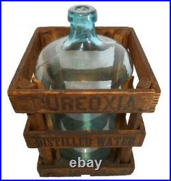 Rare Pureoxia Distilled Water 5 Gl Blue Bottle & Blk Ink Stamped Wood Slat Crate