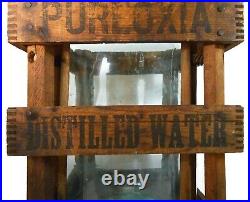 Rare Pureoxia Distilled Water 5 Gl Blue Bottle & Blk Ink Stamped Wood Slat Crate