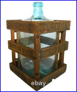 Rare Pureoxia Distilled Water 5 Gl Blue Bottle & Blk Ink Stamped Wood Slat Crate