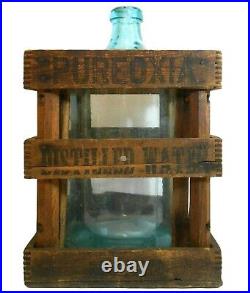 Rare Pureoxia Distilled Water 5 Gl Blue Bottle & Blk Ink Stamped Wood Slat Crate