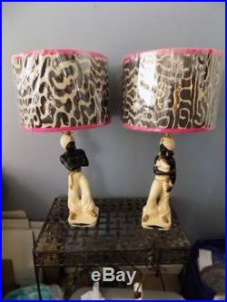 Rare Vintage Chalkware Black Americana Blackamoor Gennie Lamps With Lamp Shades