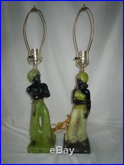 Rare Vtg MCM Chalkware Black Americana Blackamoor Genie Lamps CHARTREUSE