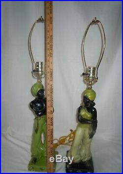 Rare Vtg MCM Chalkware Black Americana Blackamoor Genie Lamps CHARTREUSE