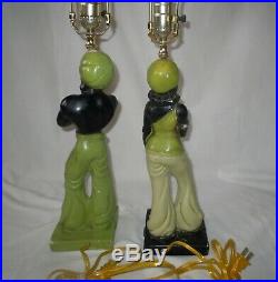 Rare Vtg MCM Chalkware Black Americana Blackamoor Genie Lamps CHARTREUSE