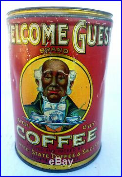 Rare Welcome Guest Brand Coffee Tin Can No Reserve Auction Black Americana