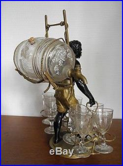 Rare antique French black americana decanter liquor set / stand 9 pieces