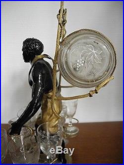 Rare antique French black americana decanter liquor set / stand 9 pieces