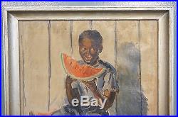 Signed A. Stamatiades 1954 Black Americana Oil Painting Boy Eating Watermelon