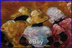 Stunning Black Americana Oil Painting-3 Women Colorful Dresses & Hats-Signed