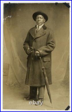 Stylish African American Gentleman 1900 Black Fashion Coat Umbrella Gloves RPPC