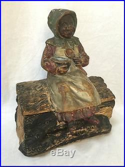 TOBACCO JAR Black Americana Vtg Antique Old Humidor Figural African Girl on Log