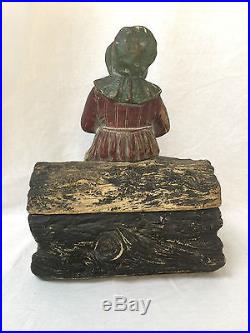 TOBACCO JAR Black Americana Vtg Antique Old Humidor Figural African Girl on Log