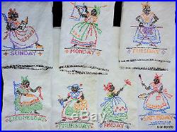 Tea Towel x 7 Linen Black Americana Days Week 1940s Embroidered Maid at Work Vtg