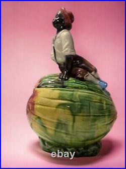 Tobacco Jar Majolica Black Americana Boy Figure On Watermelon Humidor
