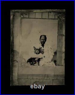 Unusual & Creepy Antique Tintype Photo Black Man with Dog! French Bulldog