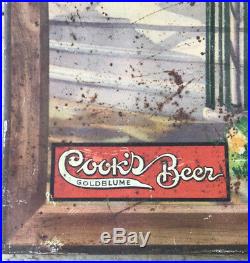 VERY RARE Antique Tin Cook's Goldblume Beer Advertising Sign Black Americana