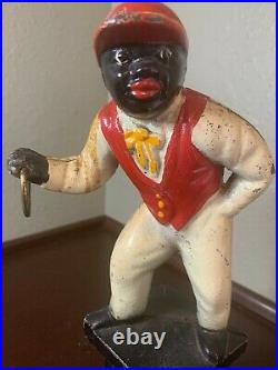 VTG Cast Iron Lawn Jockey Hitching Post Door Stop Black Americana Jocko Horse