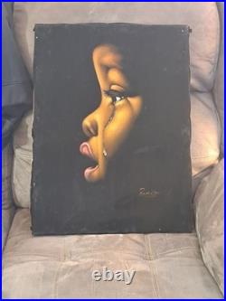 Vintage 60's Large Black Velvet African American cry Signed Painting 23'' x 17'