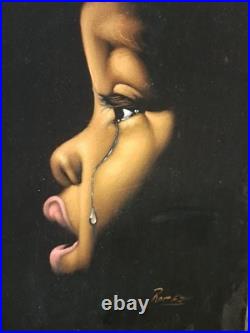 Vintage 60's Large Black Velvet African American cry Signed Painting 23'' x 17'
