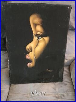 Vintage 60's Large Black Velvet African American cry Signed Painting 23'' x 17'