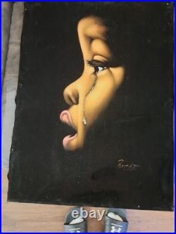 Vintage 60's Large Black Velvet African American cry Signed Painting 23'' x 17'