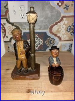 Vintage ANRI hand carved man at lamp post Bar Set. Black Americana Music Box