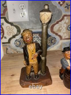 Vintage ANRI hand carved man at lamp post Bar Set. Black Americana Music Box