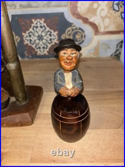 Vintage ANRI hand carved man at lamp post Bar Set. Black Americana Music Box