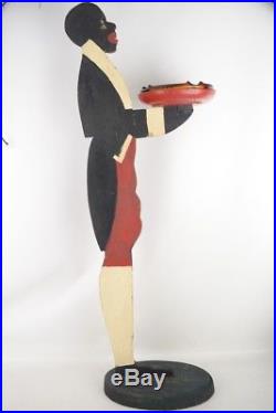 Vintage American Folk Art Black Americana Carved Wood Butler with Ashtray 35 Tall