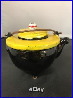Vintage Americana Redware Ceramic Black Cat Teapot Kettle Red Ware Amazing Rare