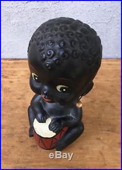 Vintage Antique Original Chalkware Black Americana Bobble Head Baby Girl Bank