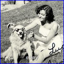 Vintage B&W Snapshot Photograph Beautiful Woman Dog Wear Sunglasses Joan & Ship