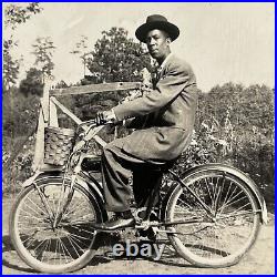 Vintage B&W Snapshot Photograph Black African American Man On Bike Smoking Pipe