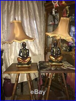 Vintage Black Americana Blackamoor Gennie Lamps With Original Gold Silk Shades