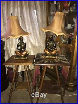 Vintage Black Americana Blackamoor Gennie Lamps With Original Gold Silk Shades