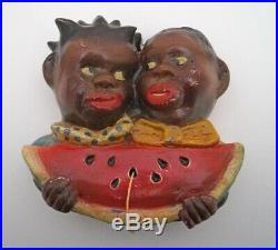 Vintage Black Americana Children Eating Watermelon Chalk Ware String Holder 1942