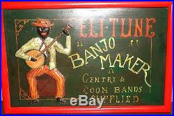Vintage Black Americana Folk Art Music Banjo Advertising Sign Guitar Rare