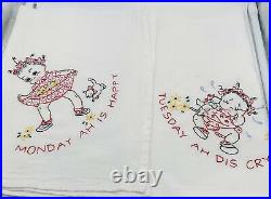 Vintage Black Americana Hand Embroidered Dish Towels Days Of The Week Set Of 7
