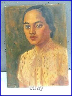 Vintage Black Americana Oil Painting Portrait Lovely Black Woman 1940s