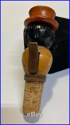 Vintage Black Americana Wood Carved Bottle Stopper White Face Hidden Under Hat