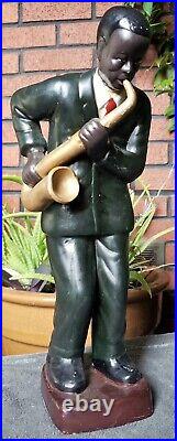 Vintage Chalkware Ceramic Black Americana Jazz Band Saxophone Player Statue 18