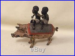 Vintage Cold Cast Bronze Figurine -Two Black Children Riding a Pig- Hand Painted